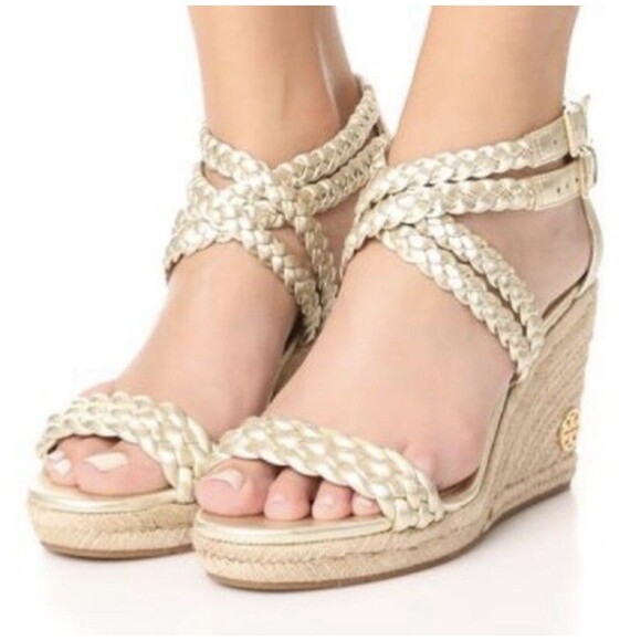 TORY BURCH Bailey Metallic Leather Espadrille Wedge Platform shiny 8.5 - Picture 1 of 10
